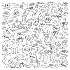 Vector set with pirate elements for birthday party for little children. Kids pattern with octopus, beach, treasure chest, ship