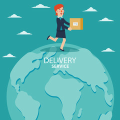 Young business woman running over the world map. Post letter, delivery service or e-mail vector concept
