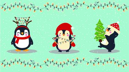 penguin with a garland on a blue background  