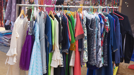 hanging, comfortable, garment, casual, female, dresses, colors, woman, selection, designer, multicolor, heap, lifestyle, soft, comfort, woolen, shop, color, material, home, room, many, clean, store,