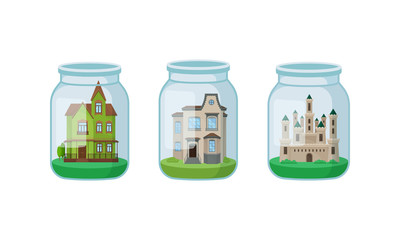 Decorative Houses and Mansions Put in Glass Jars and Bottles Vector Set