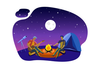 Fototapeta premium Camping under Open Night Sky Cartoon. Astronomy Science Hobby Illustration. Two Men Rest on Nature Sitting around Bonfire, Playing Guitar, Preparing Marshmallow on Fire Flat Vector. Holiday Vacation