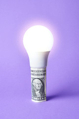 luminous led light bulb in one dollar bill. the concept