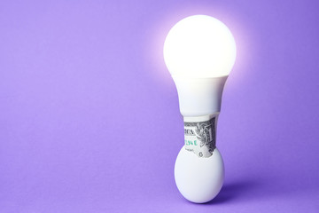 luminous led light bulb in one dollar bill. the concept
