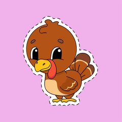 Sticker with contour. Turkey bird. Cartoon character. Colorful vector illustration. Isolated on color background. Template for your design.
