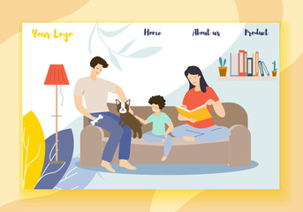 Happy Family Spending Time Together at Home. Mother, Father, Little Son and Puppy Sitting on Sofa, Woman Reading Book, Man Playing with Pet and Boy. Cartoon Flat Vector Illustration. Horizontal Banner