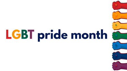 LGBT pride month banner template with border of fists on white background. 7 raised fists in rainbow colors on the right. Protest against homophobia.Flat style vector illustration.Fight.Design element