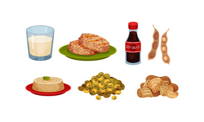 Soya Products and Foodstuff with Bean Pods and Tofu Rested on Plate Vector Set