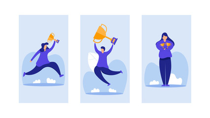 People celebrating victory and happy together. Successful people with champion cup. Element collection design with business or finance concept for website development or social media advertising.