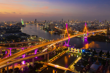Fototapeta premium Aerial view of Bhumibol bridge in Bangkok district across Chao Phraya river in Thailand
