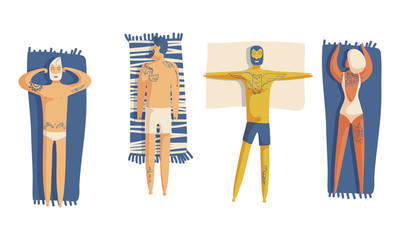 People Wearing Swimsuits Lying on Beach and Sunbathing Top View Vector Set