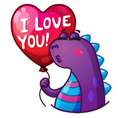 Cute dinosaur in love with a balloon