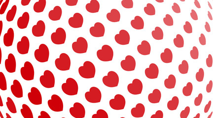 Abstract background. Red hearts of different sizes with halftone effect on white background. Vector illustration.