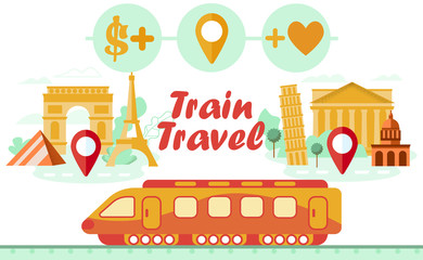 Modern High Speed Train Passing International Sightseeing or Stand on Railway Station Platform, Rail Transport, Railroad Transportation Travel, Journey, Trip, Cartoon Flat Vector Illustration, Banner