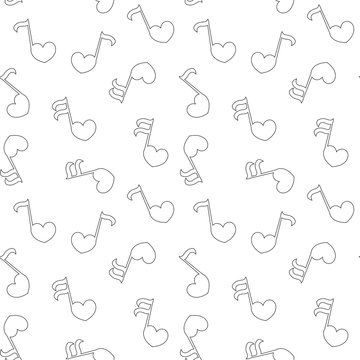 Seamless patter with love music - notes with hearts. Do, re, mi, fa, sol, la, si, clef - sign of music.