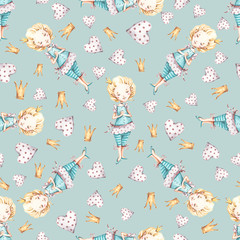 Watercolor cute nursery naive hand painted seamless pattern with princess hearts crown. Childish Handpainted print on mint background. Watercolour Art for kids fabric wallpaper baby shower invitation