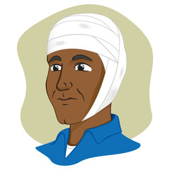 Illustration of a human head with bandages, afro descendant. Ideal for catalogs, information and first aid guides