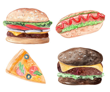 watercolor hand drawn fast food set with burgers, pizza and hotdog isolated on white backgroung
