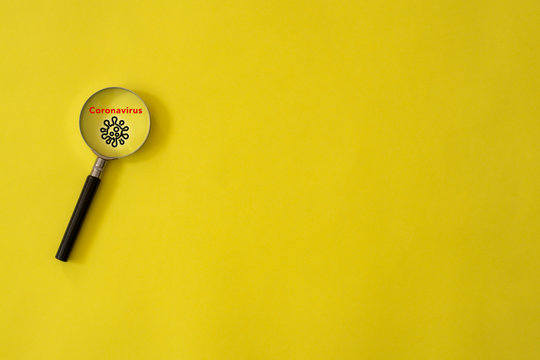 Find coronavirus, coronavirus word and symbol in magnifying glass 