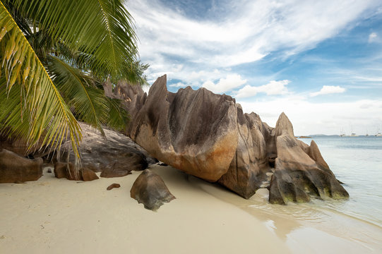 Tropical beach at Curieuse island Seychelles with famous volcanic stones and palm tree leafs. Nobody