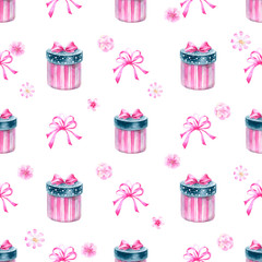 Watercolor hand painted seamless pattern of gift boxes and bows.