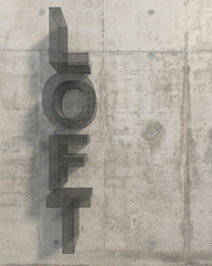 The word "LOFT" made of voluminous convex letters covered with metal mesh. Vertical inscription on a concrete wall with copy space. Loft style. 3D rendering.