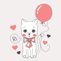Cute baby cat with balloon, bow tie. Cartoon vector illustration for t-shirt graphics, fashion prints and other uses