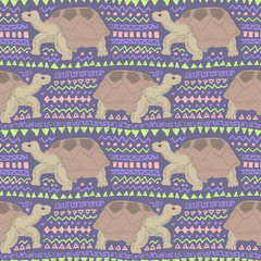 Seamless pattern of giant galapagos tortoise with ethnic ornament elements. Repetitive textile vector print, wallpaper design.