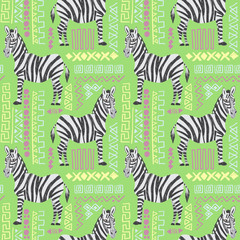 Fototapeta na wymiar Seamless pattern of zebra with ethnic ornament elements. Repeatable textile vector print, wallpaper design.