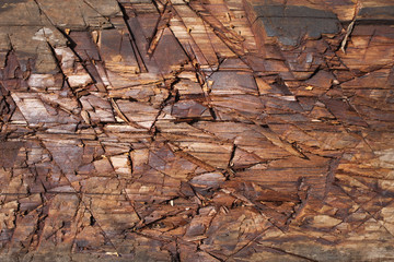 Close-up texture of wood board severely scarred  by ax.