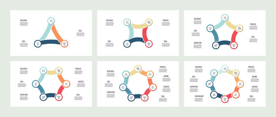 Business infographics. Charts with 3, 4, 5, 6, 7, 8 parts, options. Vector templates.