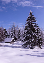 Mountain hut covered in snow, Vogar