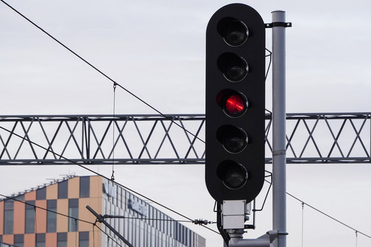 railway traffic lights for trains near the railway and electric wires. Regulation of railway transport.