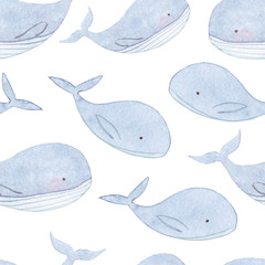 Cute and funny seamless pattern with blue whales on white background in cartoon style. Hand painted Watercolor illustration. Sea mammal.Romantic and fresh background for web pages, wedding invitations