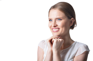 Fototapeta premium Close up portrait of beautiful young woman on white background