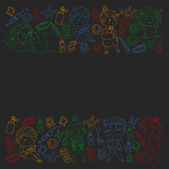 Vector pattern with little children. Illustration of Child diseases, flu, illness
