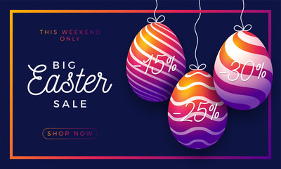 Easter egg sale horizontal banner. Easter frame card with realistic eggs that hang on a thread, insta color ornate eggs on purple striped and white modern background. Vector illustration.