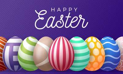 Happy easter greeting card vector illustration. A horizontal banner of purple with multicolored textured eggs that stand in a row.