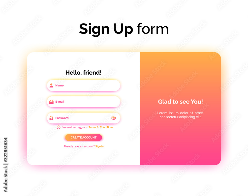 Wall mural sign up form, web design, ui ux registration interface with gradient, vector illustration.