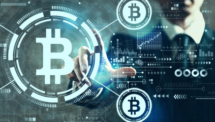 Obraz premium Bitcoin theme with businessman on a dark vintage background