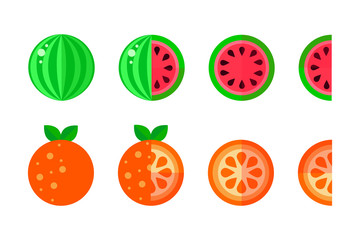 set of watermelon and orange. whole and half