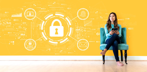 Internet network security concept with young woman holding a tablet computer