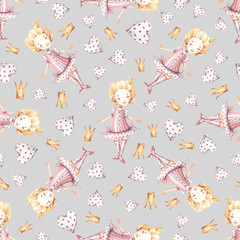 Watercolor cute nursery naive hand painted seamless pattern with princess hearts crown. Childish Handpainted print on Gray background. Watercolour Art Grey kids fabric wallpaper baby shower invitation