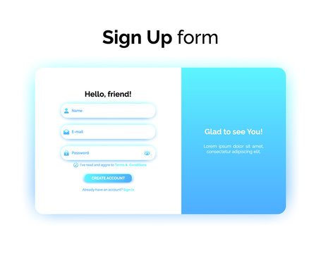Sign up form, web design, UI UX registration interface with gradient, vector illustration.