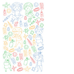 Vector pattern with little children. Illustration of Child diseases, flu, illness
