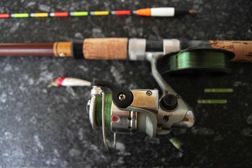  fishing equipment for fishing, spinning with a reel, fishing line, float and wobbler.