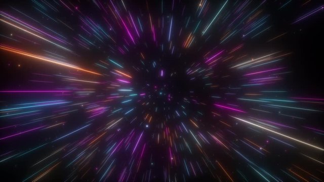 Cosmic hyperspace background. Speed of light, neon glowing abstract rays and stars in motion. Moving through stars. Seamless loop 4k animation