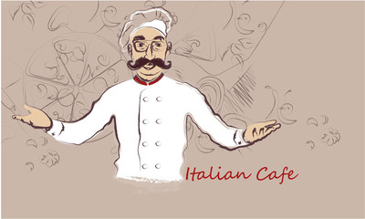 Italian cafe banner with Chef on abstract background design