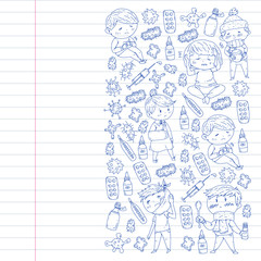 Vector pattern with little children. Illustration of Child diseases, flu, illness