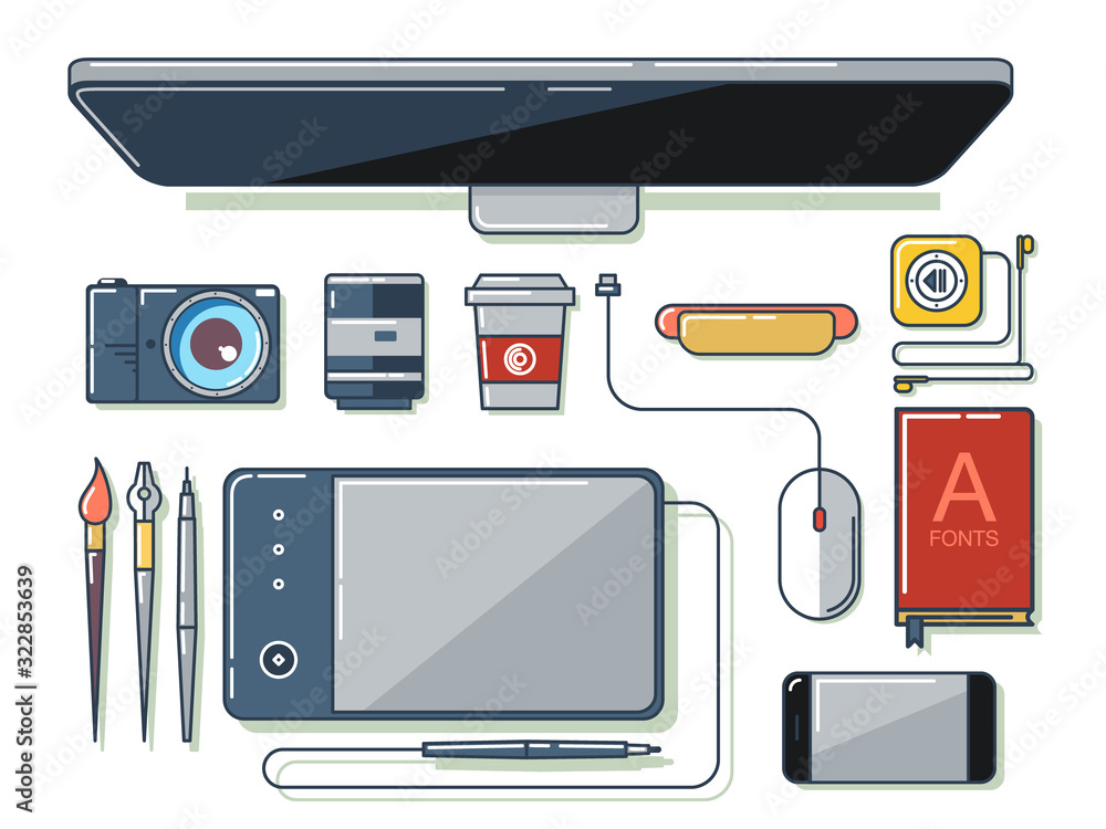Poster creative designer workplace. graphic designer stuff or tools set. top view. flat design vector illus